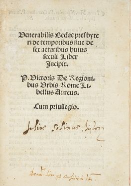  Beda Venerabilis Il Venerabile Beda : De temporibus sive de sex aetatibus huius seculi liber incipit. P. Victoris De regionibus urbis Romae libellus aureus Storia locale, Religione, Astronomia, Storia, Diritto e Politica, Scienze tecniche e matematiche  Publius Victor  - Auction Books & Graphics - Libreria Antiquaria Gonnelli - Casa d'Aste - Gonnelli Casa d'Aste