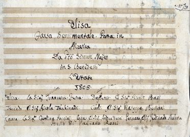  Mayr Johann Simon : Elisa / Farsa Sentimentale Posta in / Musica / Da [...] Simone Mayer [sic!] / in S. Benedetto / l?estate / 1805 [seguono i nomi dei personaggi e degli interpreti]. Musica, Musica, Teatro, Spettacolo  - Auction Books & Graphics - Libreria Antiquaria Gonnelli - Casa d'Aste - Gonnelli Casa d'Aste