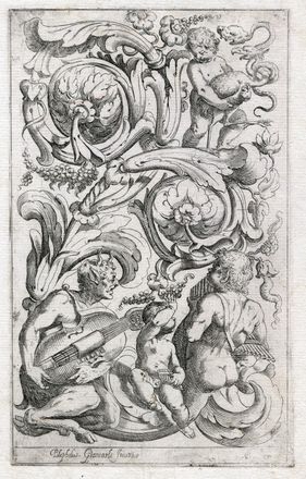  Odoardo Fialetti  (1572) : Pan con cordofono, putto con siringa ed altra figura ibrida/Tre putti e termine con coda fitomorfa che catturano un pesce fantastico.  - Auction Books & Graphics - Libreria Antiquaria Gonnelli - Casa d'Aste - Gonnelli Casa d'Aste