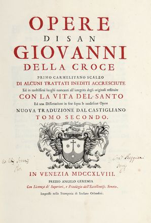 Juan de la Cruz (santo) : Opere [...] di alcuni trattati inediti accresciute [...]. Con la vita del Santo [...]. Tomo primo (-secondo).  Francesco Zucchi  - Asta Libri & Grafica - Libreria Antiquaria Gonnelli - Casa d'Aste - Gonnelli Casa d'Aste