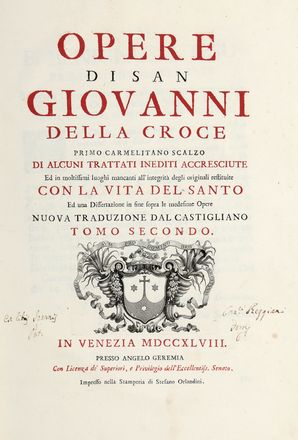  Juan de la Cruz (santo) : Opere [...] di alcuni trattati inediti accresciute [...]. Con la vita del Santo [...]. Tomo primo (-secondo). Religione, Biografia, Figurato, Storia, Diritto e Politica, Collezionismo e Bibliografia  Francesco Zucchi  - Auction Books & Graphics - Libreria Antiquaria Gonnelli - Casa d'Aste - Gonnelli Casa d'Aste