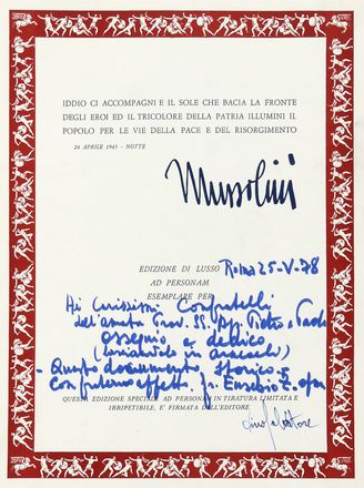  Mussolini Benito : Il testamento di Mussolini. Con documenti segreti dell'Archivio nazionale del Dipartimento di Stato di Washington, microfilm T 586, bobina 1048.  - Asta Libri & Grafica - Libreria Antiquaria Gonnelli - Casa d'Aste - Gonnelli Casa d'Aste