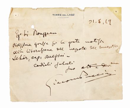 Puccini Giacomo : Ritratto fotografico con dedica e firma autografa insieme a lettera autografa con busta e biglietto da visita con annotazione autografa del compositore. Musica, Musica, Teatro, Spettacolo  - Auction Books & Graphics - Libreria Antiquaria Gonnelli - Casa d'Aste - Gonnelli Casa d'Aste