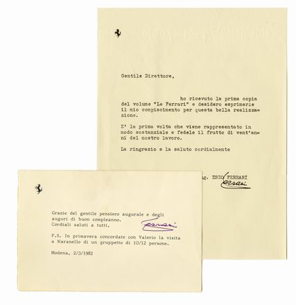  Ferrari Enzo : Firma autografa su libro Ferrari80 (Modena, Arbe Officine Grafiche 1979), insieme a 1 lettera dattiloscritta con firma autografa e 1 biglietto dattiloscritto con firma autografa. Altri sport - giochi e passatempi, Feste - Folklore - Giochi - Sport  - Auction Graphics & Books - Libreria Antiquaria Gonnelli - Casa d'Aste - Gonnelli Casa d'Aste
