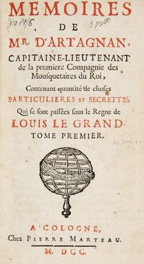  Courtilz de Sandras Gatien : Memoires de Mr. D'Artagnan, capitaine-lieutenant de la premiere Compagnie des Mousquetaires du Roi [...]. Tome Premier (-troisieme). Storia locale, Militaria, Storia, Diritto e Politica, Storia, Diritto e Politica  - Auction Graphics & Books - Libreria Antiquaria Gonnelli - Casa d'Aste - Gonnelli Casa d'Aste