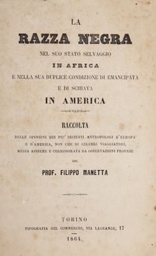  Manetta Filippo : La razza negra nel suo stato selvaggio in Africa e nella sua duplice condizione di emancipata e di schiava in America. Storia, Storia, Diritto e Politica  - Auction Graphics & Books - Libreria Antiquaria Gonnelli - Casa d'Aste - Gonnelli Casa d'Aste