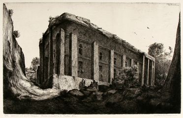  Lino Bianchi Barriviera  (Montebelluna, 1906 - Acilia, 1985) : Veduta della chiesa di Madhan Alm da sud-ovest.  - Auction Graphics & Books - Libreria Antiquaria Gonnelli - Casa d'Aste - Gonnelli Casa d'Aste