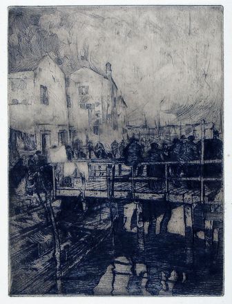  Giovanni Greppi  (Milano, 1884 - 1960) : Veduta di un canale con ponte e figure.  - Asta Grafica & Libri - Libreria Antiquaria Gonnelli - Casa d'Aste - Gonnelli Casa d'Aste