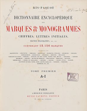  Ris-Paquot Oscar Edmond : Dictionnaire encyclopdique des marques & monogrammes, chiffres [...] contenant 12156 marques.  - Asta Grafica & Libri - Libreria Antiquaria Gonnelli - Casa d'Aste - Gonnelli Casa d'Aste