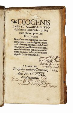  Diogenes Laertius : De vitis ac moribus priscorum philosophorum libri decem...  - Asta Grafica & Libri - Libreria Antiquaria Gonnelli - Casa d'Aste - Gonnelli Casa d'Aste