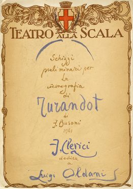 Schizzi / preliminari per / la / scenografia / di Turandot / di / F. Busoni / 1961 / F. Clerici / dedica / a / Luigi Oldani. Teatro, Musica, Teatro, Spettacolo  - Auction Graphics & Books - Libreria Antiquaria Gonnelli - Casa d'Aste - Gonnelli Casa d'Aste