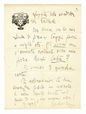  D'Annunzio Gabriele : Signed autograph letter sent to Maria D'Annunzio.  - Auction Graphics & Books - Libreria Antiquaria Gonnelli - Casa d'Aste - Gonnelli Casa d'Aste