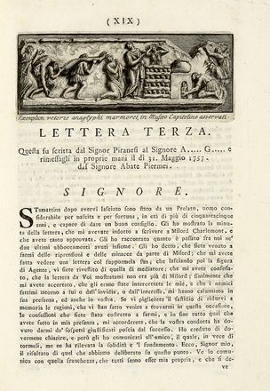  Piranesi Giovanni Battista : Lettere di giustificazione scritte a Milord Charlemont e a  di lui agenti di Roma... intorno la dedica della sua opera delle Antichit Rom[ane] fatta allo stesso signor ed ultimamente soppressa. Figurato, Collezionismo e Bibliografia  - Auction Graphics & Books - Libreria Antiquaria Gonnelli - Casa d'Aste - Gonnelli Casa d'Aste