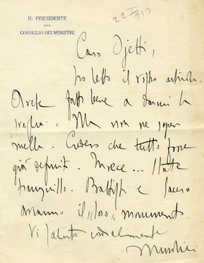  Mussolini Benito : Signed autograph letter sent to Ugo Ojetti.  - Auction Graphics & Books - Libreria Antiquaria Gonnelli - Casa d'Aste - Gonnelli Casa d'Aste