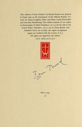  Pound Ezra : Cavalcanti Poems. Bodoni, Mardersteig, Letteratura straniera, Collezionismo e Bibliografia, Collezionismo e Bibliografia, Letteratura  Guido Cavalcanti  - Auction Graphics & Books - Libreria Antiquaria Gonnelli - Casa d'Aste - Gonnelli Casa d'Aste