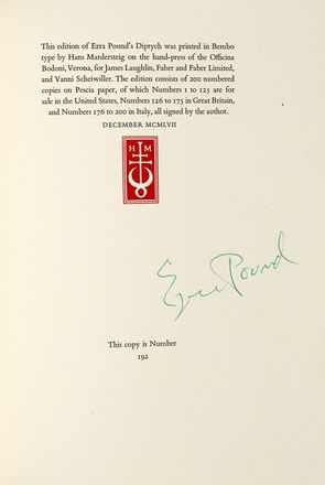  Pound Ezra : Diptych Rome-London. Homage to Sextus Propertius & Hugh Selweyn Mauberley Contacts and Life. Bodoni, Mardersteig, Collezionismo e Bibliografia, Collezionismo e Bibliografia  - Auction Graphics & Books - Libreria Antiquaria Gonnelli - Casa d'Aste - Gonnelli Casa d'Aste
