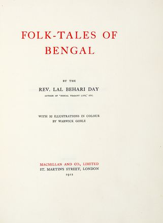  Day Lal Behari : Folk-tales of Bengal [...] with 32 illustration in colour by Warwick Goble.  Warwick Goble  - Asta Grafica & Libri - Libreria Antiquaria Gonnelli - Casa d'Aste - Gonnelli Casa d'Aste