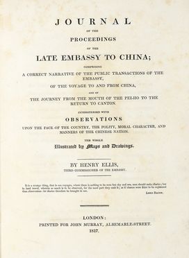 Ellis Henry : Journal of the proceedings of the late embassy to China... Geografia e viaggi  - Auction Graphics & Books - Libreria Antiquaria Gonnelli - Casa d'Aste - Gonnelli Casa d'Aste
