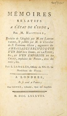  Hastings Warren : Mémoires relatifs à l'Etat de l'Inde...  - Asta Grafica & Libri - Libreria Antiquaria Gonnelli - Casa d'Aste - Gonnelli Casa d'Aste