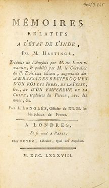  Hastings Warren : Mmoires relatifs  l'Etat de l'Inde... Geografia e viaggi  - Auction Graphics & Books - Libreria Antiquaria Gonnelli - Casa d'Aste - Gonnelli Casa d'Aste