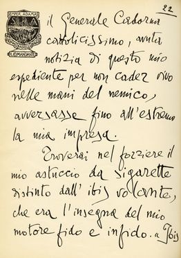 D'Annunzio Gabriele : The message [...] to Marcello Visconti di Modrone major of Milan on the 16th anniversary of the flight on Wien, 9th August 1934.   - Auction Graphics & Books - Libreria Antiquaria Gonnelli - Casa d'Aste - Gonnelli Casa d'Aste
