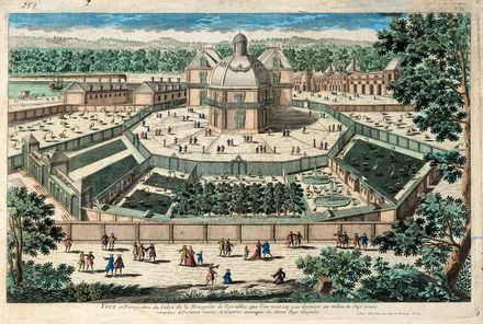  Antoine Aveline  (Parigi, 1691 - 1743) : Veüe et Perspective du Salon de la Menagerie de Versailles, que l'on voit icy par derriere au milieu de Sept Cours remplies d'Oiseaux rares et d?autres animaux de divers Païs eloignés.  - Asta Grafica & Libri - Libreria Antiquaria Gonnelli - Casa d'Aste - Gonnelli Casa d'Aste