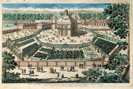  Antoine Aveline  (Parigi, 1691 - 1743) : Vee et Perspective du Salon de la Menagerie de Versailles, que l'on voit icy par derriere au milieu de Sept Cours remplies d'Oiseaux rares et d?autres animaux de divers Pas eloigns.  - Auction Graphics & Books - Libreria Antiquaria Gonnelli - Casa d'Aste - Gonnelli Casa d'Aste