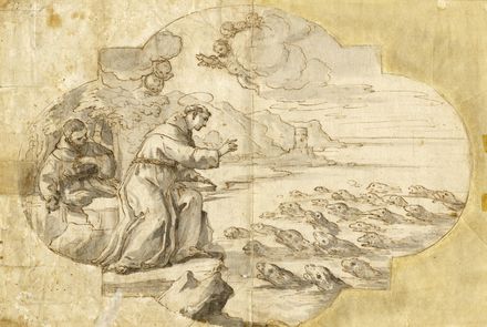  Scuola napoletana di fine XVII - inizio XVIII secolo : Sant'Antonio di Padova predica ai pesci (r). Sant'Antonio predica ai pesci dall'alto di una roccia (v).  - Asta Grafica & Libri - Libreria Antiquaria Gonnelli - Casa d'Aste - Gonnelli Casa d'Aste