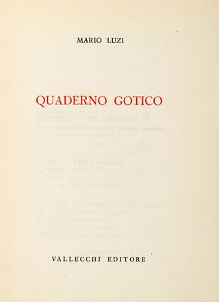  Luzi Mario : Quaderno gotico.  Cesare Brandi, Carlo Cassola, Cesare Zavattini  (Luzzara, 1902 - Roma, 1989), Gabriele Mucchi, Guido Piovene  (Vicenza, 1907 - Londra, 1974), Riccardo Selvatico  - Asta Grafica & Libri - Libreria Antiquaria Gonnelli - Casa d'Aste - Gonnelli Casa d'Aste
