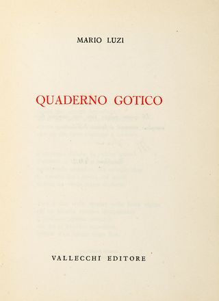  Luzi Mario : Quaderno gotico. Letteratura italiana  Cesare Brandi, Carlo Cassola, Cesare Zavattini  (1902 - 1989), Gabriele Mucchi, Guido Piovene  (Vicenza, 1907 - Londra, 1974), Riccardo Selvatico  - Auction Graphics & Books - Libreria Antiquaria Gonnelli - Casa d'Aste - Gonnelli Casa d'Aste