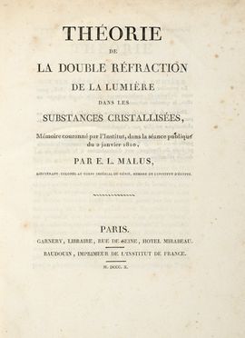  Malus Etienne Louis : Théorie de la double réfraction de la lumière dans les substances cristallisées.  - Asta Grafica & Libri - Libreria Antiquaria Gonnelli - Casa d'Aste - Gonnelli Casa d'Aste