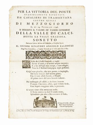 Per la gloriosa vittoria della battaglia generale del ponte di Pisa ottenuta da i cavalieri di Tramontana contro i cavalieri di Mezzogiorno il d 27 febbraio 1707. Storia locale, Feste - Folklore - Giochi - Sport, Storia, Diritto e Politica  - Auction Graphics & Books - Libreria Antiquaria Gonnelli - Casa d'Aste - Gonnelli Casa d'Aste