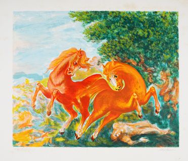  Aligi Sassu  (Milano, 1912 - Pollença, 2000) : Cavalli rossi.  - Asta Grafica & Libri - Libreria Antiquaria Gonnelli - Casa d'Aste - Gonnelli Casa d'Aste