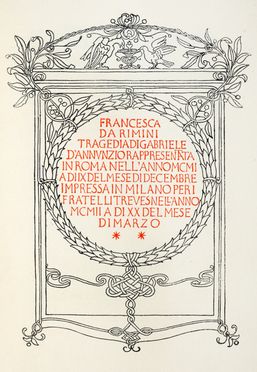  D'Annunzio Gabriele : Francesca da Rimini. Letteratura italiana, Letteratura  Adolfo De Carolis  (Montefiore dell'Aso, 1874 - Roma, 1928)  - Auction Graphics & Books - Libreria Antiquaria Gonnelli - Casa d'Aste - Gonnelli Casa d'Aste