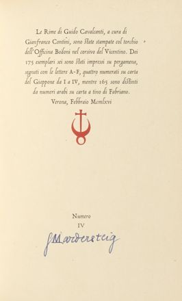  Cavalcanti Guido : Le Rime. Bodoni, Figurato, Mardersteig, Collezionismo e Bibliografia, Collezionismo e Bibliografia, Collezionismo e Bibliografia  - Auction Graphics & Books - Libreria Antiquaria Gonnelli - Casa d'Aste - Gonnelli Casa d'Aste