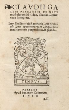  Galenus Claudius : De motu musculorum libri duo, Nicolao Leoniceno interprete.  Nicolo Leoniceno  - Asta Grafica & Libri - Libreria Antiquaria Gonnelli - Casa d'Aste - Gonnelli Casa d'Aste