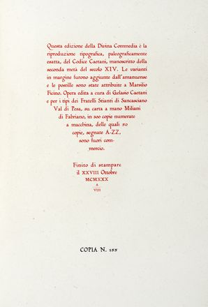  Alighieri Dante : Commedia Dantis Alighierii, poetae Florentini [...] a cura di Gelasio Caetani.  Gelasio Caetani  - Asta Grafica & Libri - Libreria Antiquaria Gonnelli - Casa d'Aste - Gonnelli Casa d'Aste