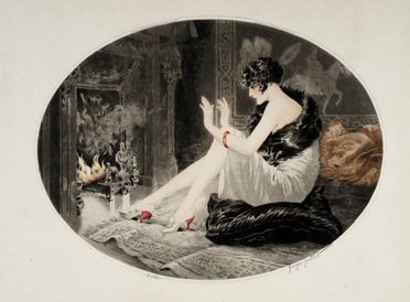  Georges Grellet  (1869 - 1959) : Donna al caminetto.  - Auction Graphics & Books - Libreria Antiquaria Gonnelli - Casa d'Aste - Gonnelli Casa d'Aste