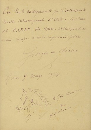  De Chirico Giorgio : Dedica autografa firmata e disegno su carta.  - Asta Grafica & Libri - Libreria Antiquaria Gonnelli - Casa d'Aste - Gonnelli Casa d'Aste
