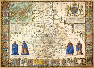  John Speed  (Farndon, 1552 - Londra, 1629) : Cambridgeshire described with the division of the hundreds, the towns situation, with the arms of the colleges of that famous university...Earldome of Cambridge.  - Auction Graphics & Books - Libreria Antiquaria Gonnelli - Casa d'Aste - Gonnelli Casa d'Aste
