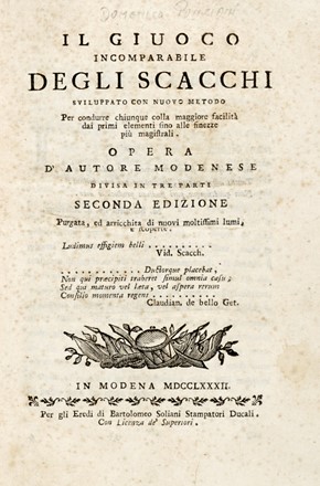  Ponziani Domenico Lorenzo : Il Giuoco incomparabile degli scacchi sviluppato con nuovo metodo... Scacchi, Feste - Folklore - Giochi - Sport, Altri sport - giochi e passatempi, Feste - Folklore - Giochi - Sport, Feste - Folklore - Giochi - Sport  - Auction Graphics & Books - Libreria Antiquaria Gonnelli - Casa d'Aste - Gonnelli Casa d'Aste