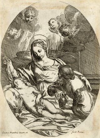 Carlo Maratta  (Camerano, 1625 - Roma, 1713) : La nascita della Vergine / La visitazione / Gesù Bambino adorato dalla Vergine e dagli angeli / La Madonna con il giovane Gesù addormentato e la Maddalena con la pisside degli unguenti / Sposalizio mistico di Santa Caterina.  - Asta Grafica & Libri - Libreria Antiquaria Gonnelli - Casa d'Aste - Gonnelli Casa d'Aste