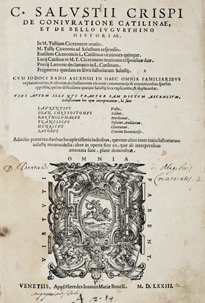  Sallustius Crispus Gaius : De coniuratione Catilinae, et de bello Iugurthino historiae.  Marcus Tullius Cicero  - Asta Grafica & Libri - Libreria Antiquaria Gonnelli - Casa d'Aste - Gonnelli Casa d'Aste