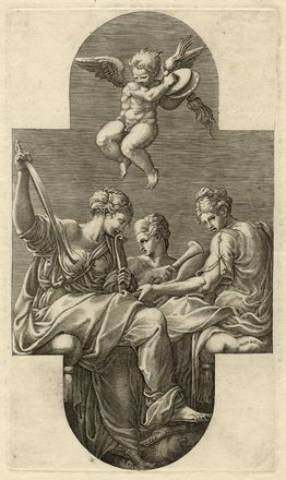  Giorgio Ghisi  (Mantova, 1520 - 1582) : La gara musicale tra Apollo e Pan alla presenza delle Muse.  - Auction Graphics & Books - Libreria Antiquaria Gonnelli - Casa d'Aste - Gonnelli Casa d'Aste