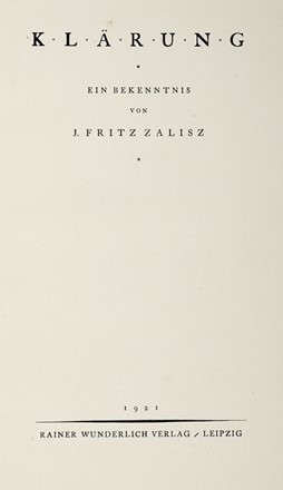  Zalisz Fritz : Klrung (Ein Bekenntnis).  - Asta Grafica & Libri - Libreria Antiquaria Gonnelli - Casa d'Aste - Gonnelli Casa d'Aste