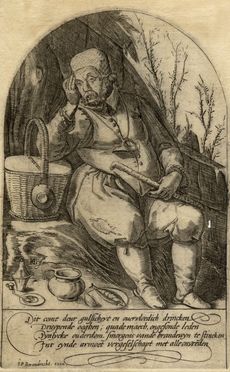  Hendrik Goltzius  (Mühlbracht, 1558 - Haarlem, 1617) [da] : Giovane bevitore sotto una pergola di vite/ Uomo seduto che si sorregge la testa, ai suoi piedi un piatto con un'aringa.  - Auction Graphics & Books - Libreria Antiquaria Gonnelli - Casa d'Aste - Gonnelli Casa d'Aste