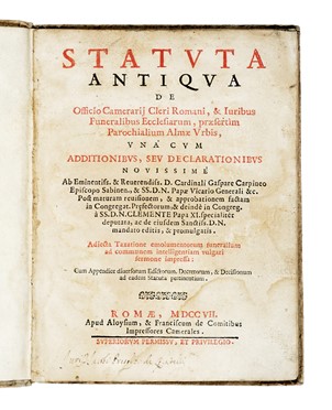 Statuta antiqua de Officio Camerarij Cleri Romani, & Iuribus Funeralibus Ecclesiarum, praesertìm Parochialium Almae Urbis...  Daniello Bartoli, Tommaso Anfora, Girolamo Baldassini  - Asta Libri, autografi e manoscritti - Libreria Antiquaria Gonnelli - Casa d'Aste - Gonnelli Casa d'Aste