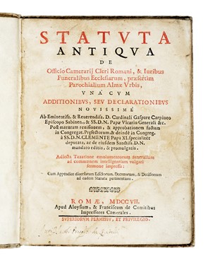 Statuta antiqua de Officio Camerarij Cleri Romani, & Iuribus Funeralibus Ecclesiarum, praesertm Parochialium Almae Urbis...  Daniello Bartoli, Tommaso Anfora, Girolamo Baldassini  - Asta Libri, autografi e manoscritti - Libreria Antiquaria Gonnelli - Casa d'Aste - Gonnelli Casa d'Aste