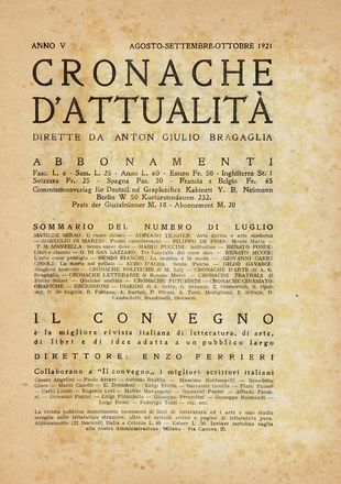  Bragaglia Anton Giulio : Cronache d'attualit. Anno V, giugno-ottobre 1921.  Filippo Tommaso Marinetti  (1876 - 1994)  - Asta Libri, autografi e manoscritti - Libreria Antiquaria Gonnelli - Casa d'Aste - Gonnelli Casa d'Aste