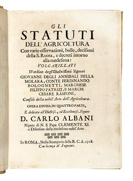 Gli Statuti dell'agricoltura con varie osservazioni, bolle, decisioni della S. Ruota, e decreti intorno alla medesima.  - Asta Libri, autografi e manoscritti - Libreria Antiquaria Gonnelli - Casa d'Aste - Gonnelli Casa d'Aste